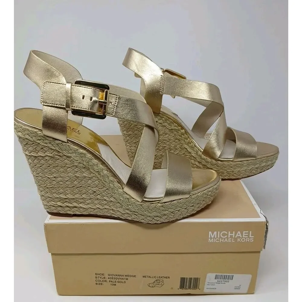 Michael Kors Giovanna MK Logo Pale Gold Espadrille Wedge Women’s US Size 10M New